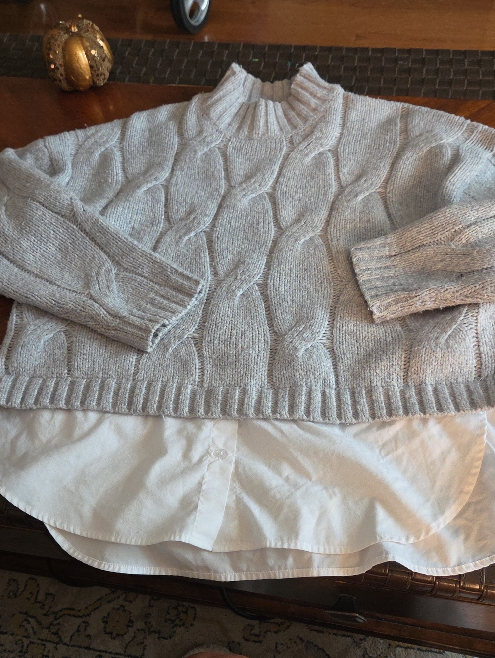 Primark Light Gray Cable Mock Neck Sweater With Attached White Shirt Tail